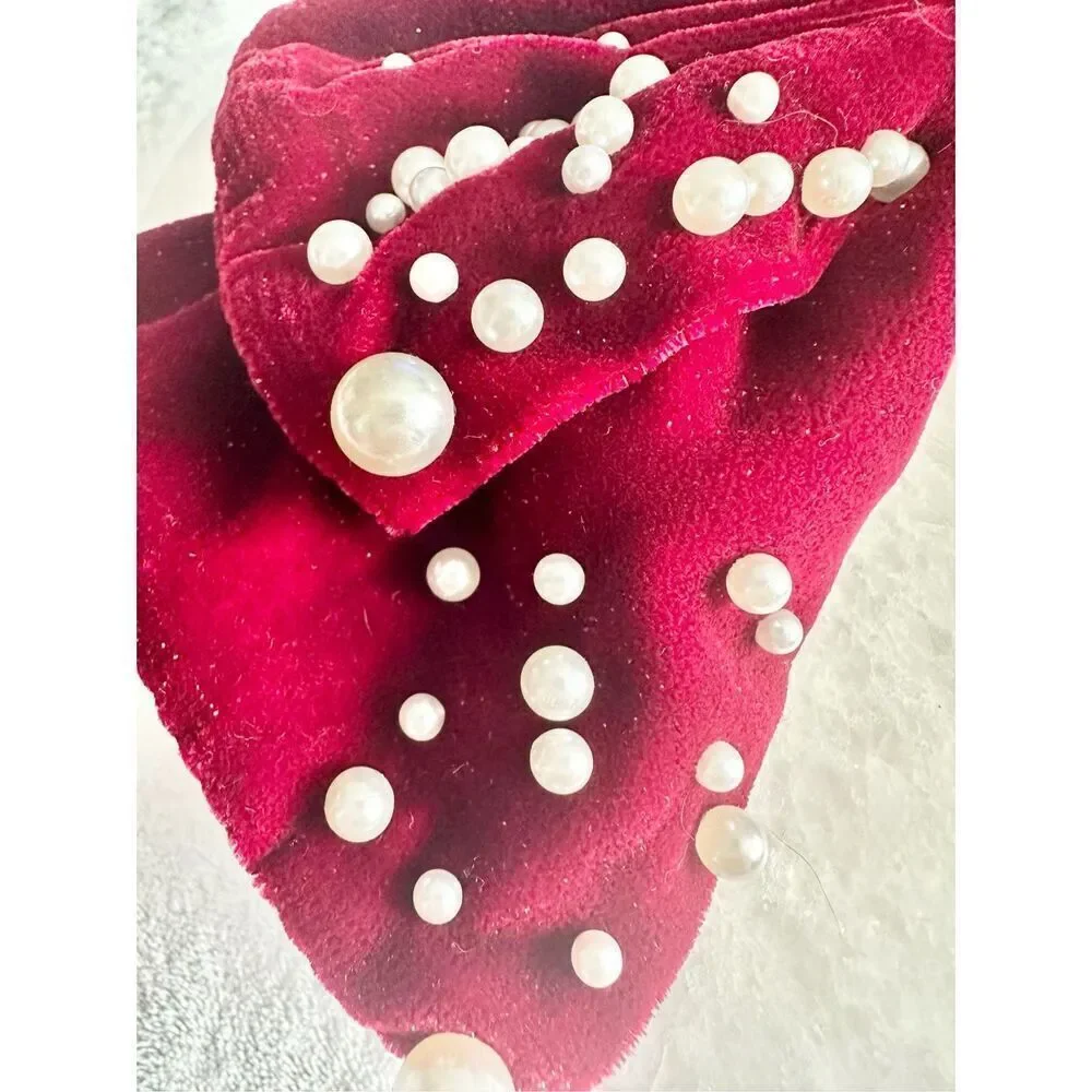 Deep red holiday hair bow with sparkle and pearl embellishment ￼ - Picture 3 of 5